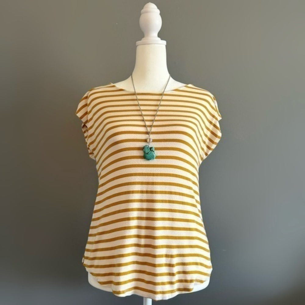 EUC Green Envelope Yellow Striped Cap Sleeve Tee Size M